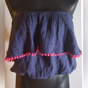 Michael Stars Size Medium blouson Navy Gauzy pom pom top crop top off shoulder